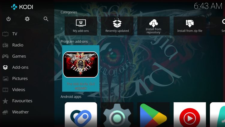 Return back to the home screen of Kodi, hover over Add-ons and click The 666 Mafia Wizard under Program add-ons.
