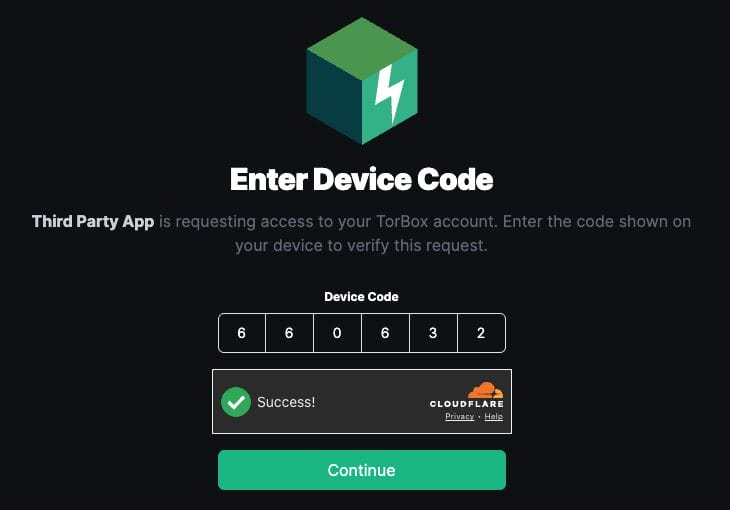 TorBox Authorization Code Screen