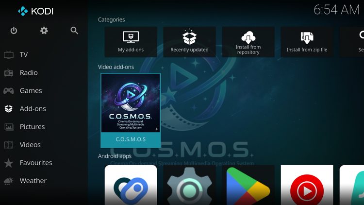 Then go back to the Home screen of Kodi and select Add-ons, then choose COSMOS.