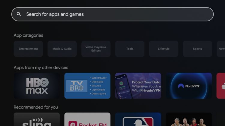 Launch your Android TV/Google TV device and locate the search bar for apps and games.