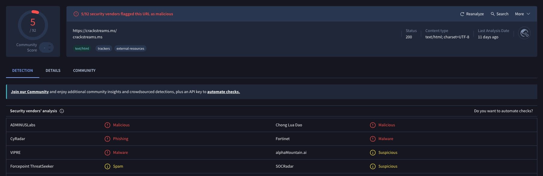 VirusTotal Scan of CrackStreams Mirror