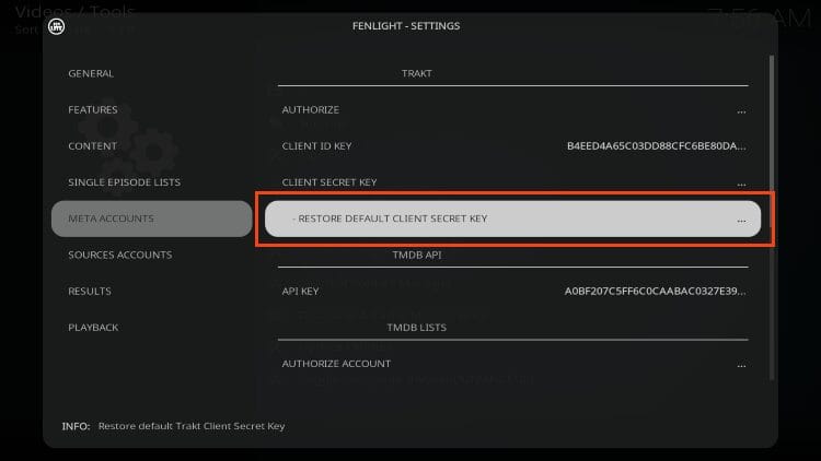 click restore client secret key