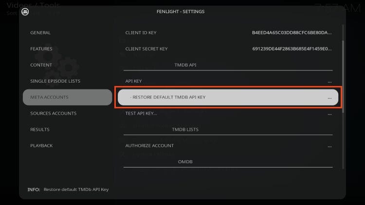 click restore default tmdb api key