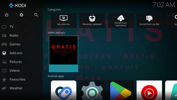 Then go back to the Home screen of Kodi and select Add-ons, then choose Gratis Red.