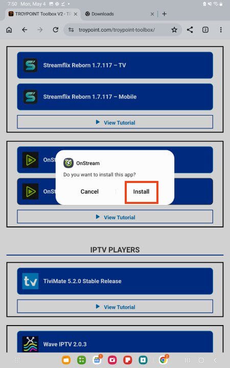 select install onstream on mobile