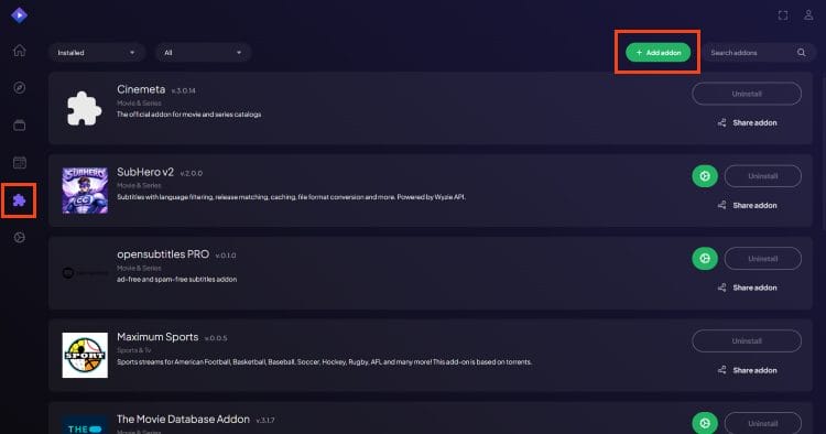 click addons and add addon