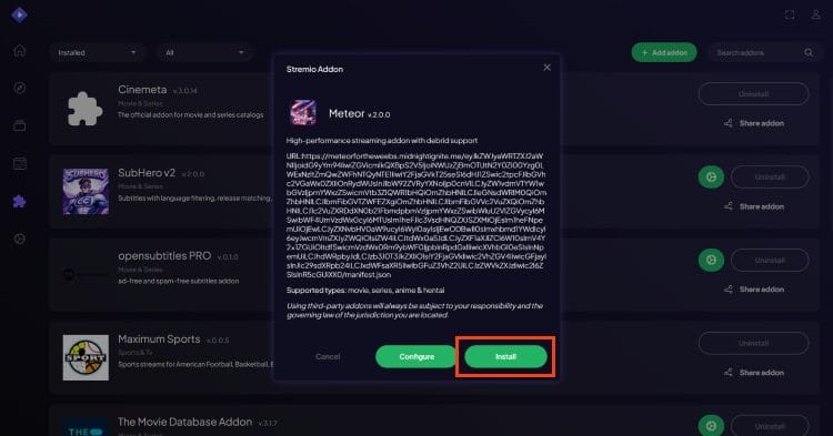 choose install stremio addon