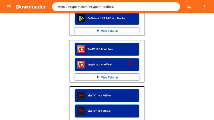Once in the TP Toolbox, scroll down to locate TeaTV and click the Official version.
