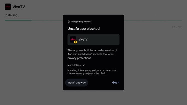 If you receive this Google Play Protect message, click More details and then Install anyway.
