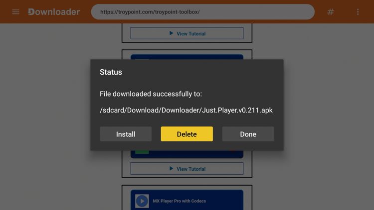 Click Delete to delete the installation file.