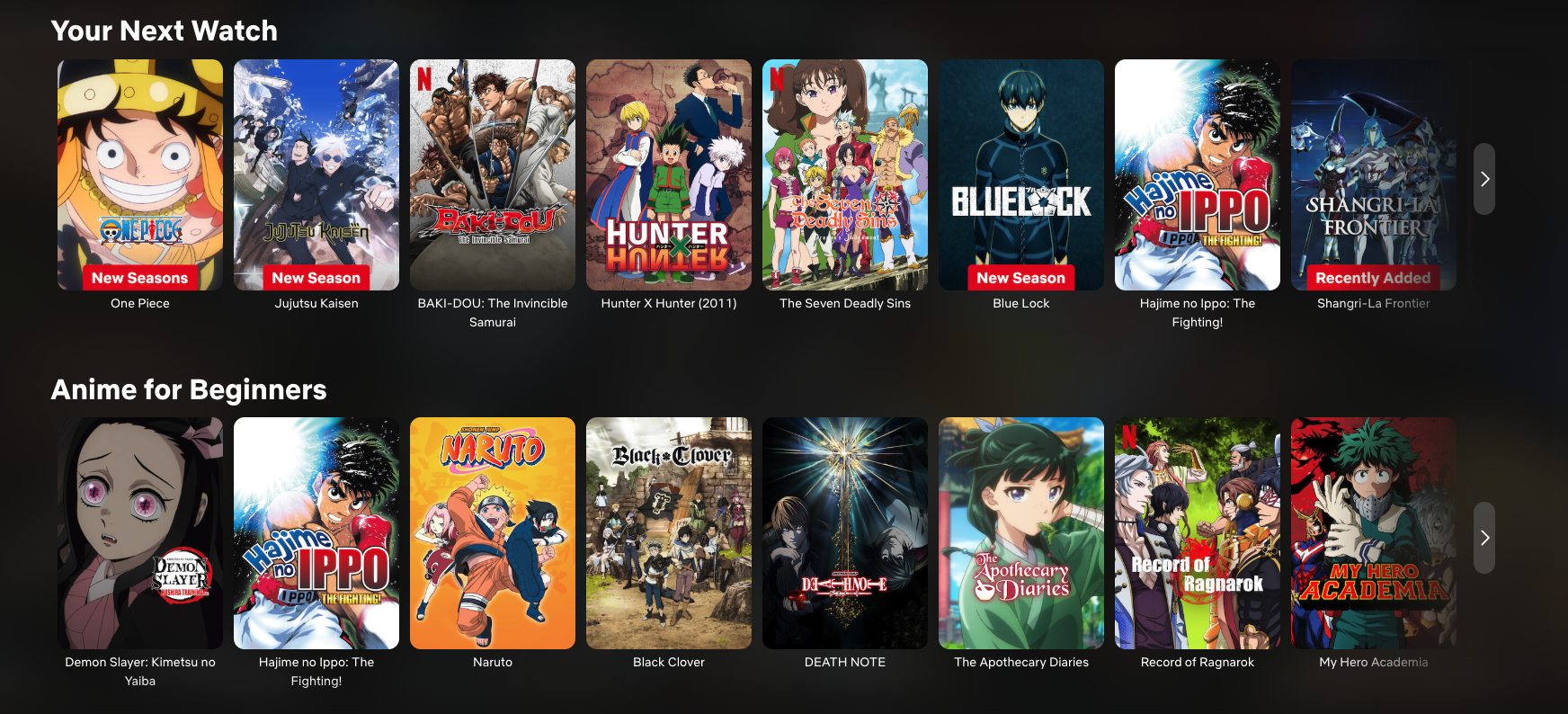 Netflix website Anime