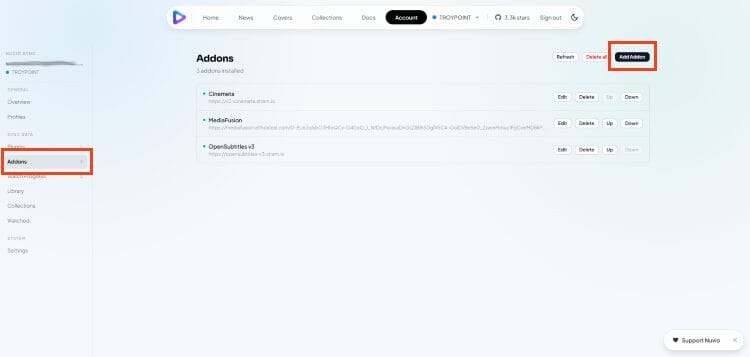 visit nuvio account dashboard and click addons