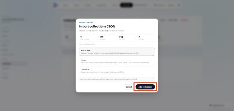 click add collections