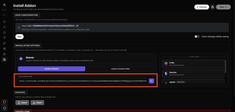 copy manifest url provided