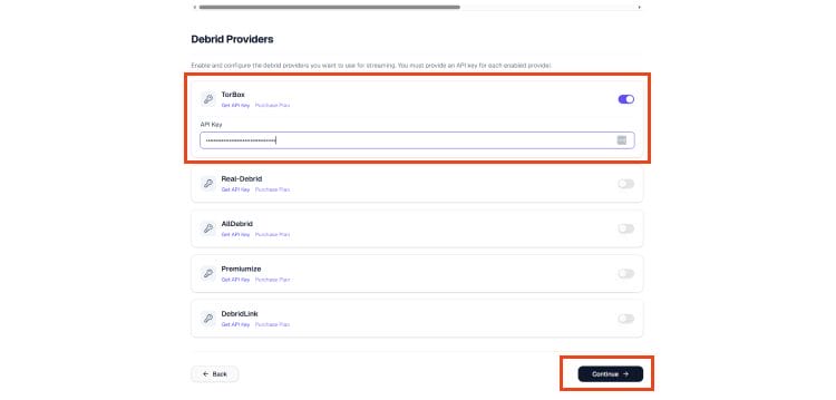 add debrid service credentials and click continue