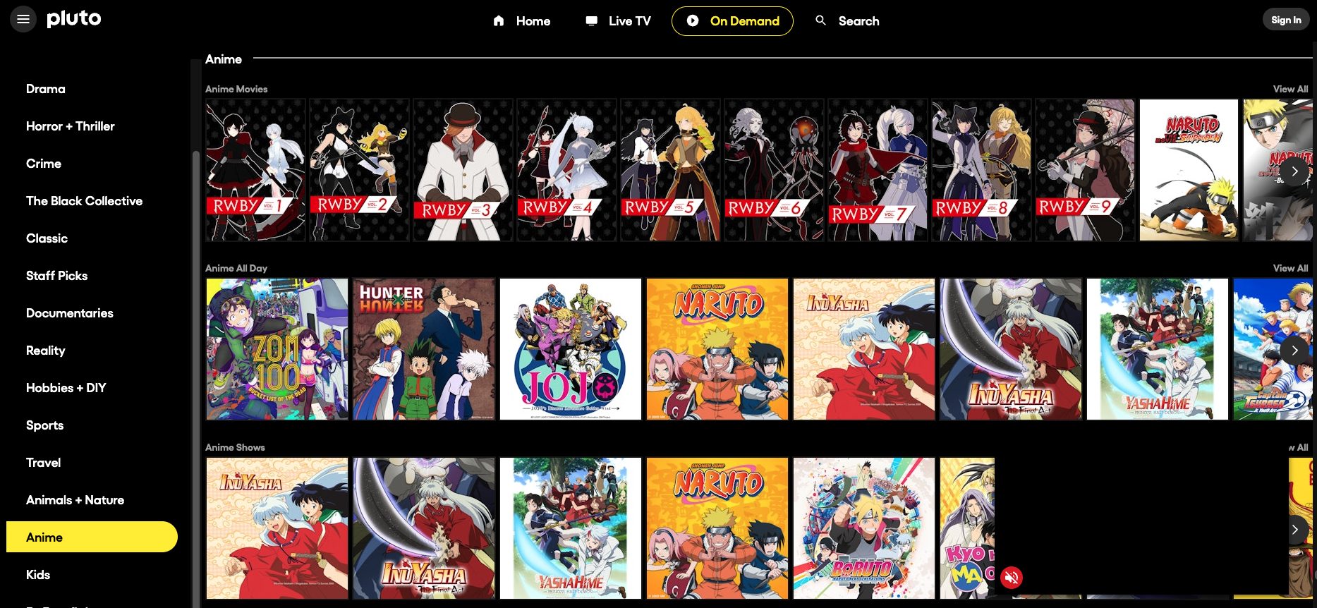 Pluto TV Website Anime