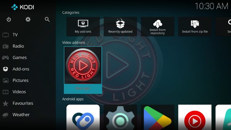 Now go back to the Home screen of Kodi and select Add-ons, then choose Red Light.
