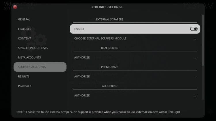 Hover over Sources Accounts and toggle on Enable under External Scrapers.