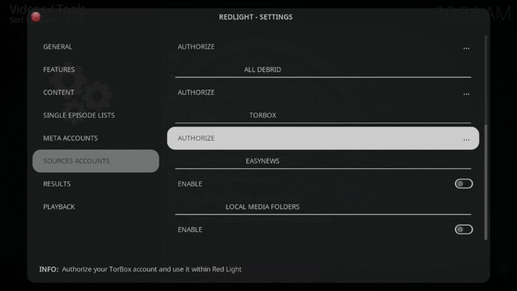 Now you can authorize debrid services. Under TorBox click Authorize.