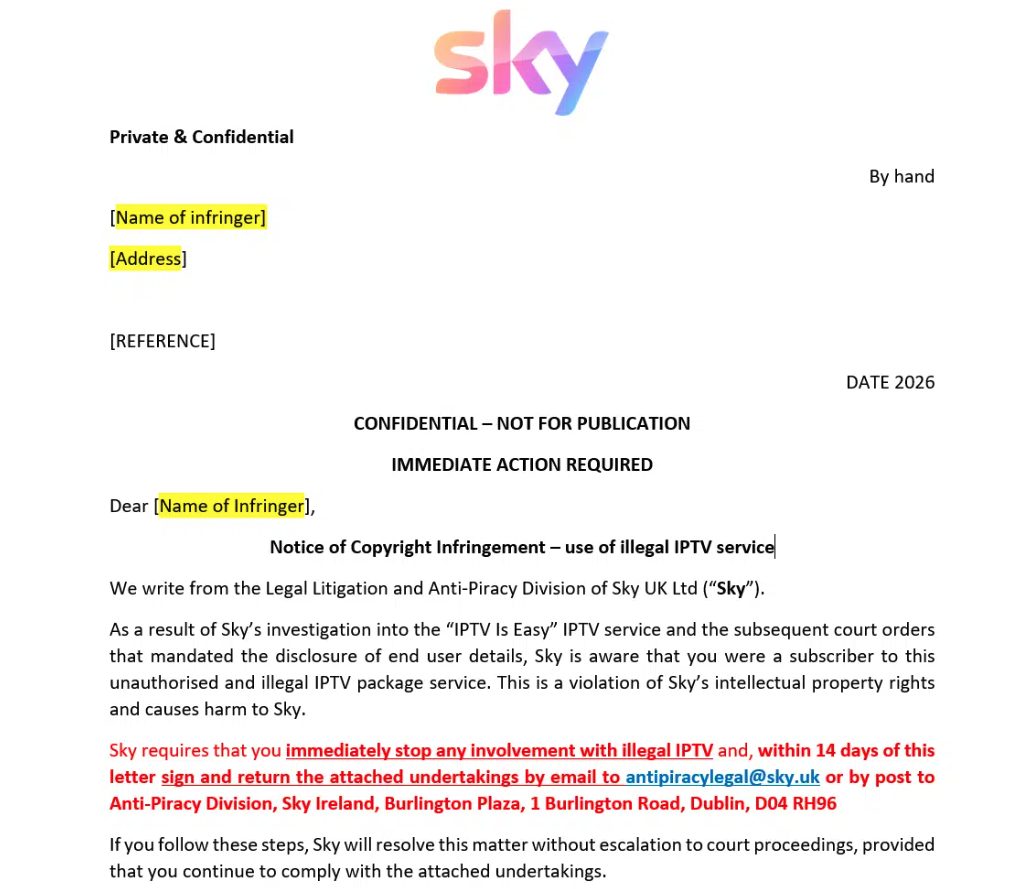 Sky's Letter to IPTV Subscribers