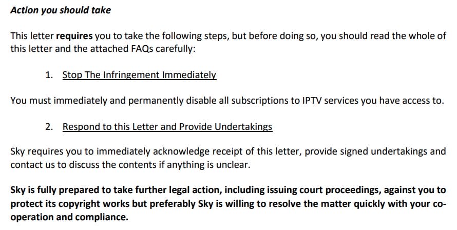 Demands from Sky's Letter