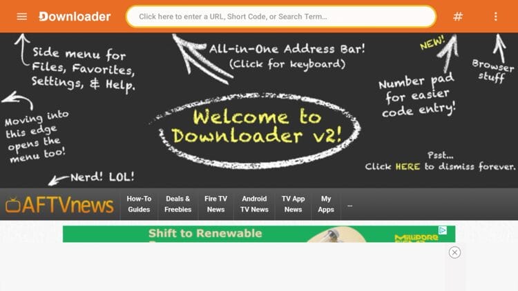 Launch Downloader and place your cursor in the URL box and click the OK button on your remote to open the keyboard.