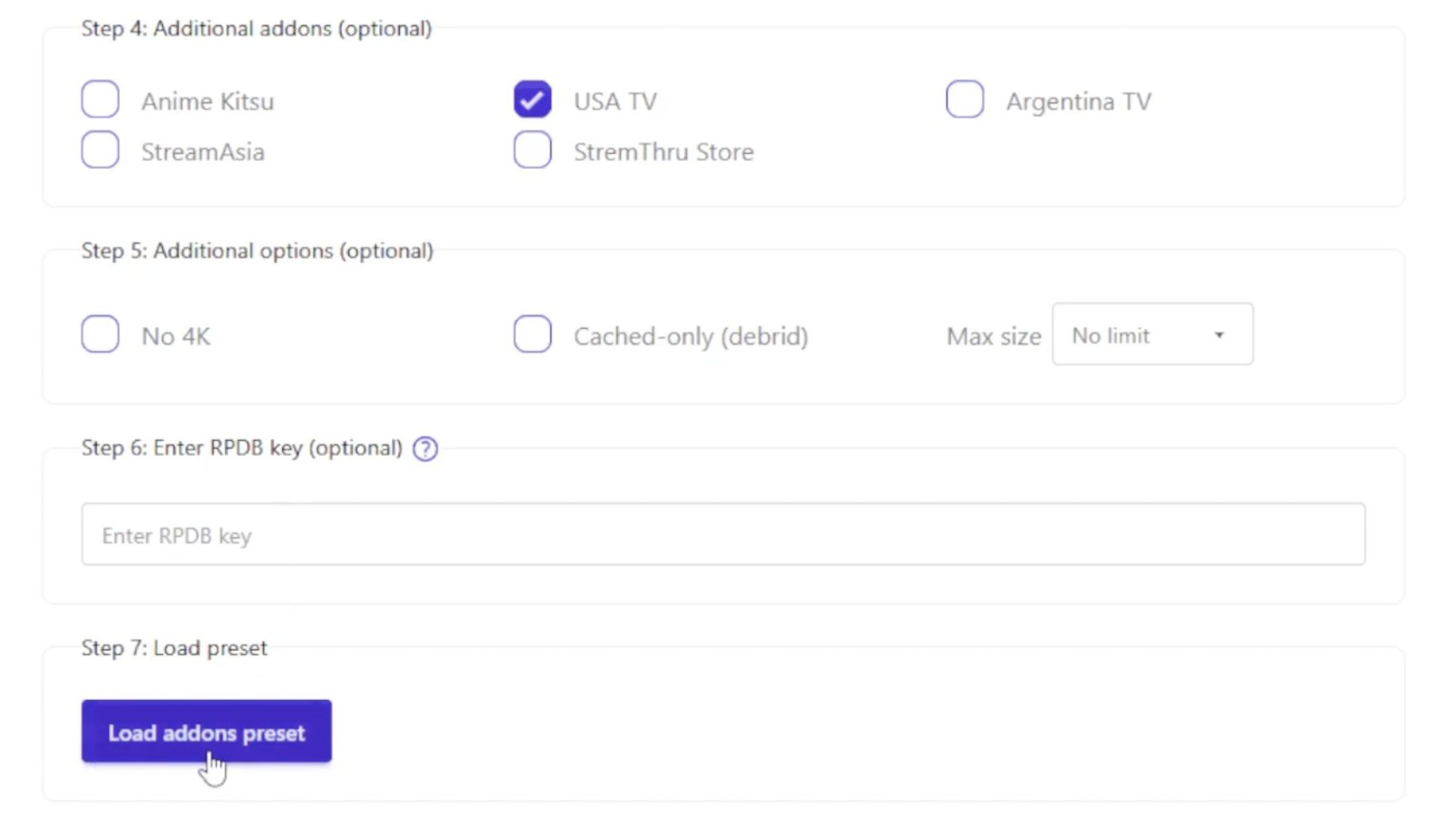 Choose whatever additional add-ons you want and click Load addons preset.