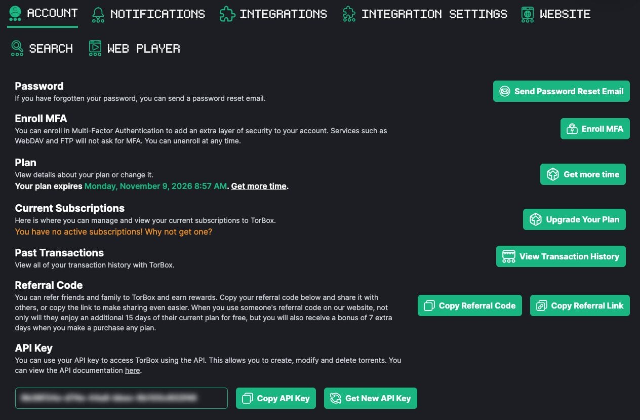 TorBox Account Settings