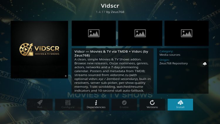 select install vidscr kodi addon