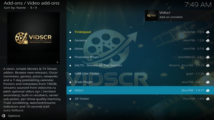 vidscr addon installed message