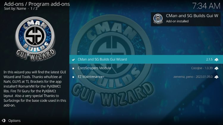The wizard add-on installed message will now display in the upper right-hand corner.