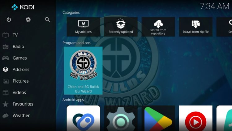 Return back to the home screen of Kodi, hover over Add-ons and click CMan and SG Builds Wizard under Program add-ons.
