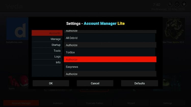 Hover over Accounts on the left menu then click Authorize under TorBox.