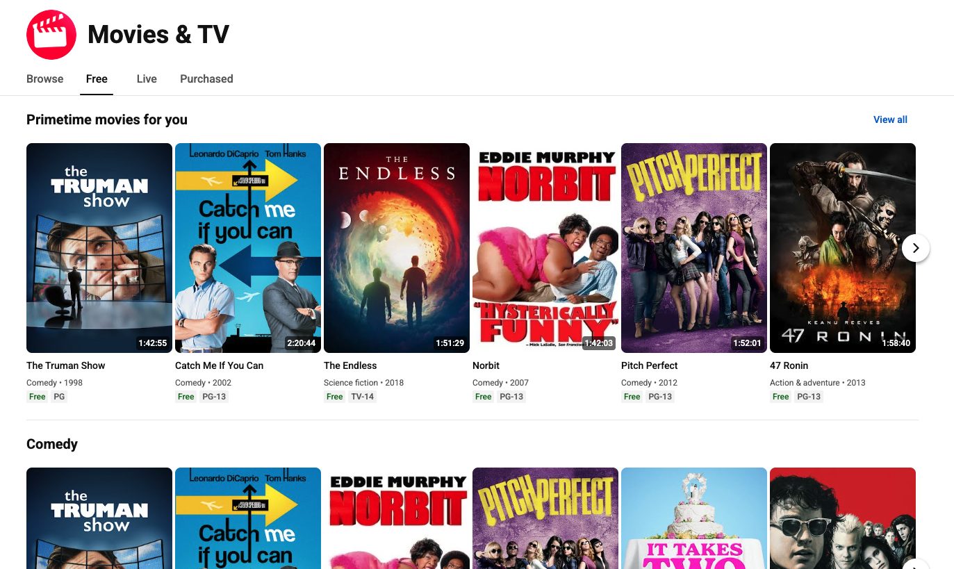 YouTube (Free Movies Section) Website