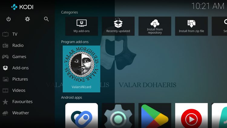 Return back to the home screen of Kodi, hover over Add-ons and click ValarsWizard under Program add-ons.