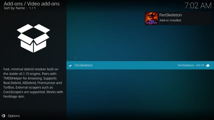 fenskeleton addon installed message appears