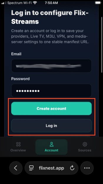 login or create account for flix streams addon