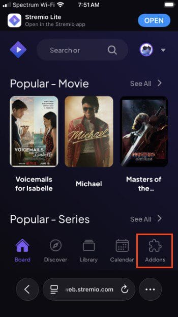 open Stremio app and click addons