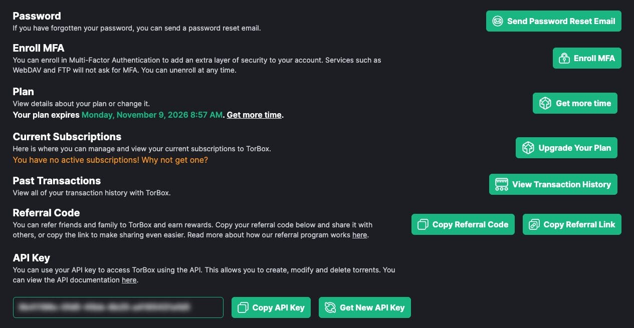 Visit torbox.app/dashboard and locate your API Key in the account settings. Then click Copy API Key.