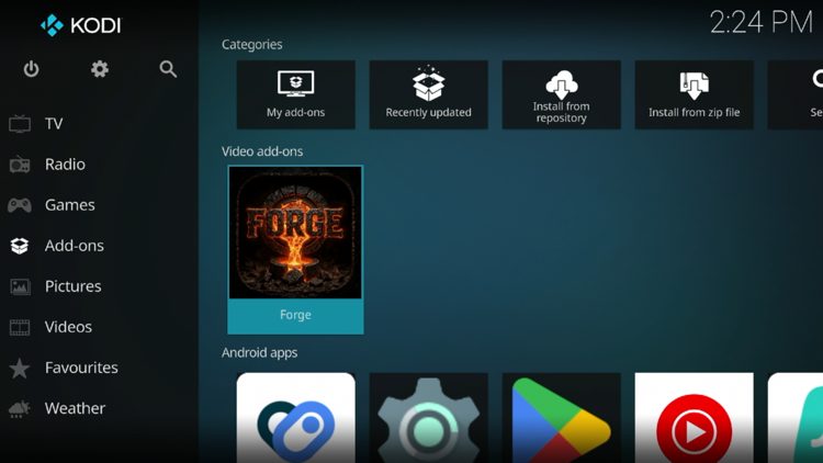 Then go back to the Home screen of Kodi and select Add-ons, then choose Forge