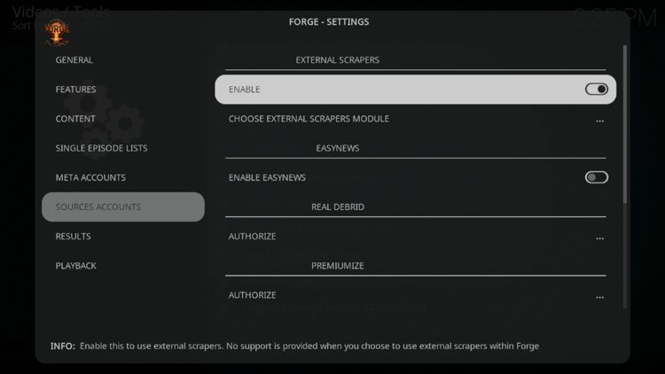 Hover over Sources Accounts on the left menu and then enable External Scrapers.