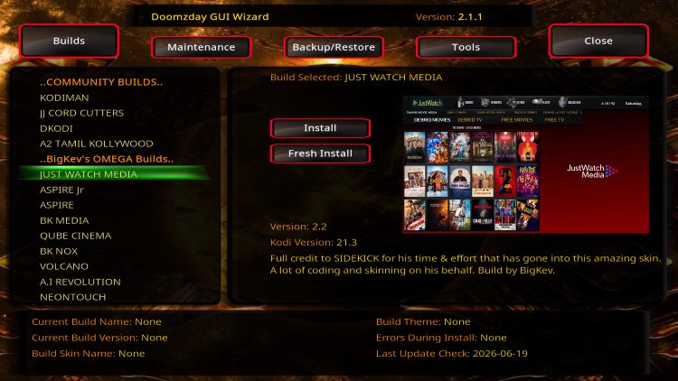 select your kodi build
