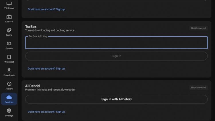 Locate TorBox (or your preferred debrid service) and click the TorBox API Key box.
