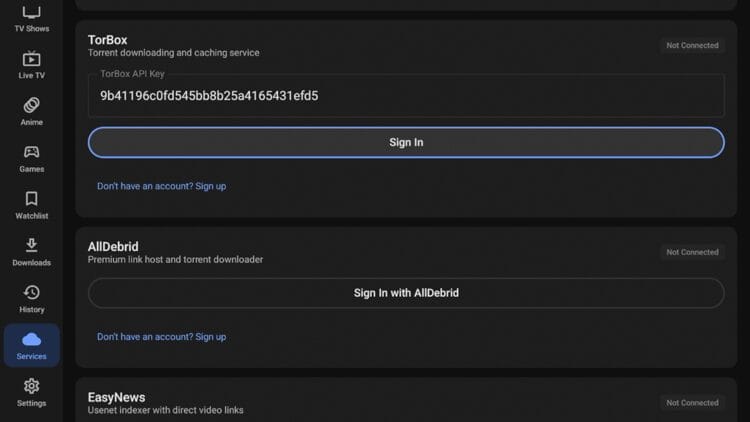 Enter your API Key and click Sign In.