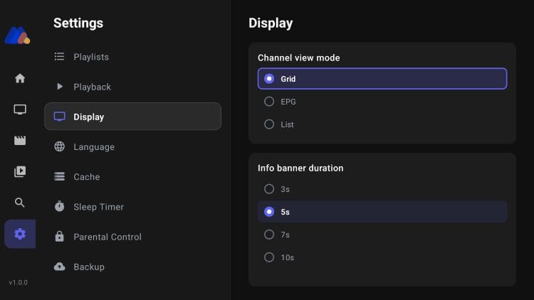settings options