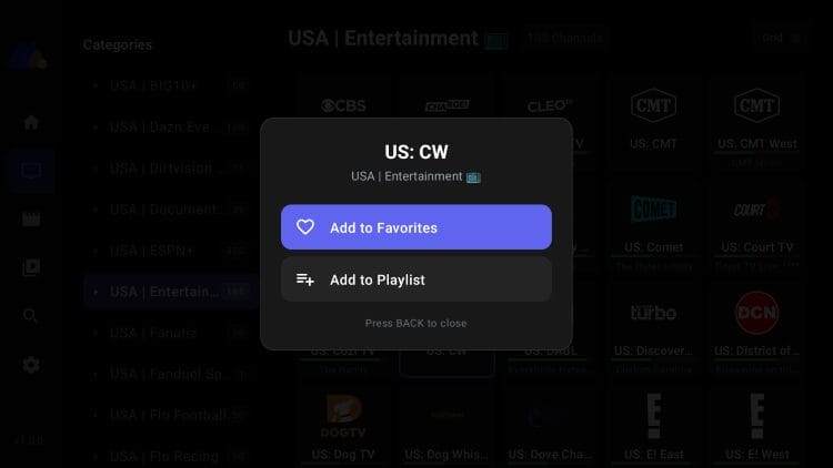 add channel to favorites