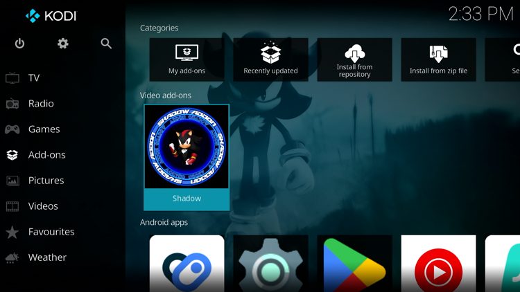 Then go back to the Home screen of Kodi and select Add-ons, then choose Shadow.
