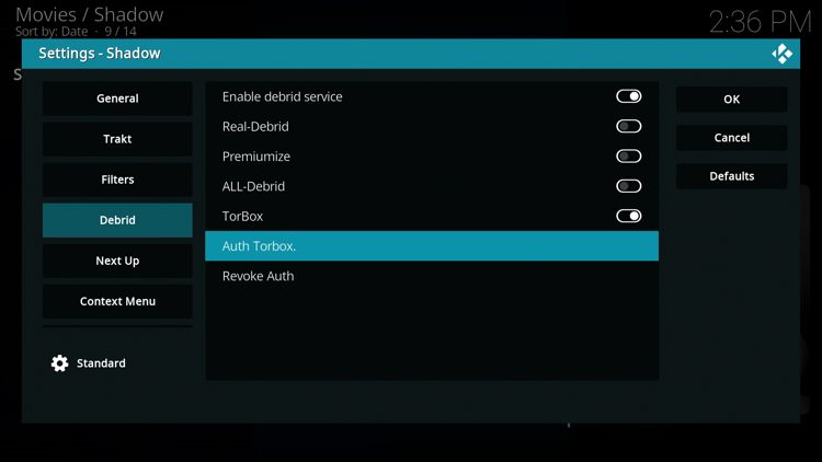 Hover over Debrid and click Auth TorBox.
