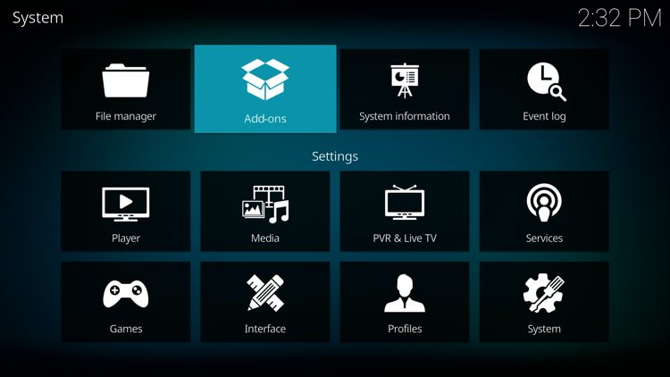 Click the back button on your remote until you are on the System screen. Then click Add-ons