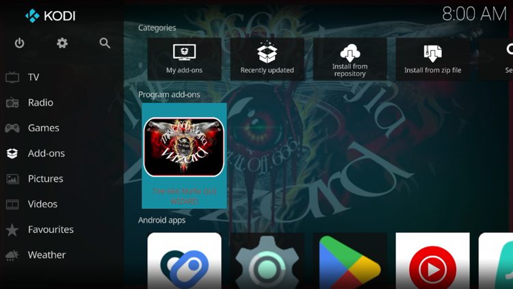 Return back to the home screen of Kodi, hover over Add-ons and click The 666 Mafia Wizard under Program add-ons.